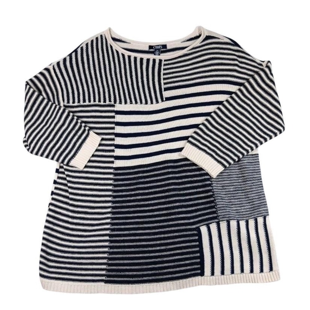 Chaps Sweater Womens Large Blue White Striped 3/4 Sleeve Nautical Knit‎ Pullover